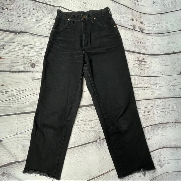 WRANGLER vintage 90s black denim wide leg high waist crop jeans pants - Picture 5 of 9